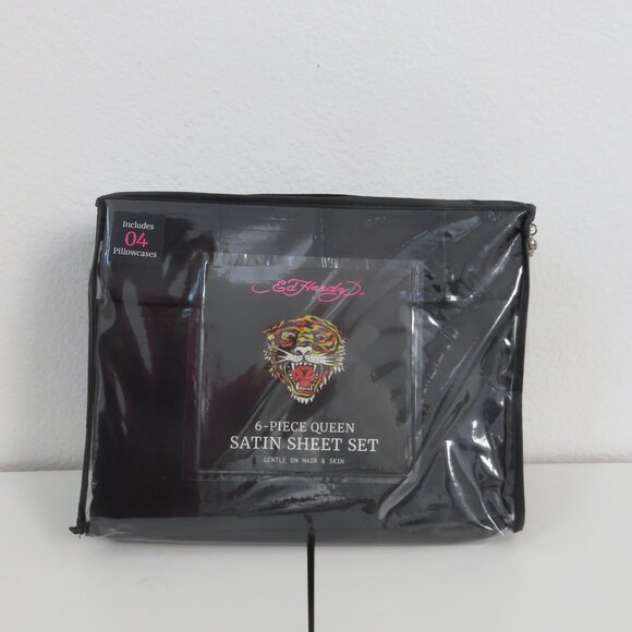 Ed Hardy 6-Piece Queen Satin Black Sheet Set - Picture 1 of 6